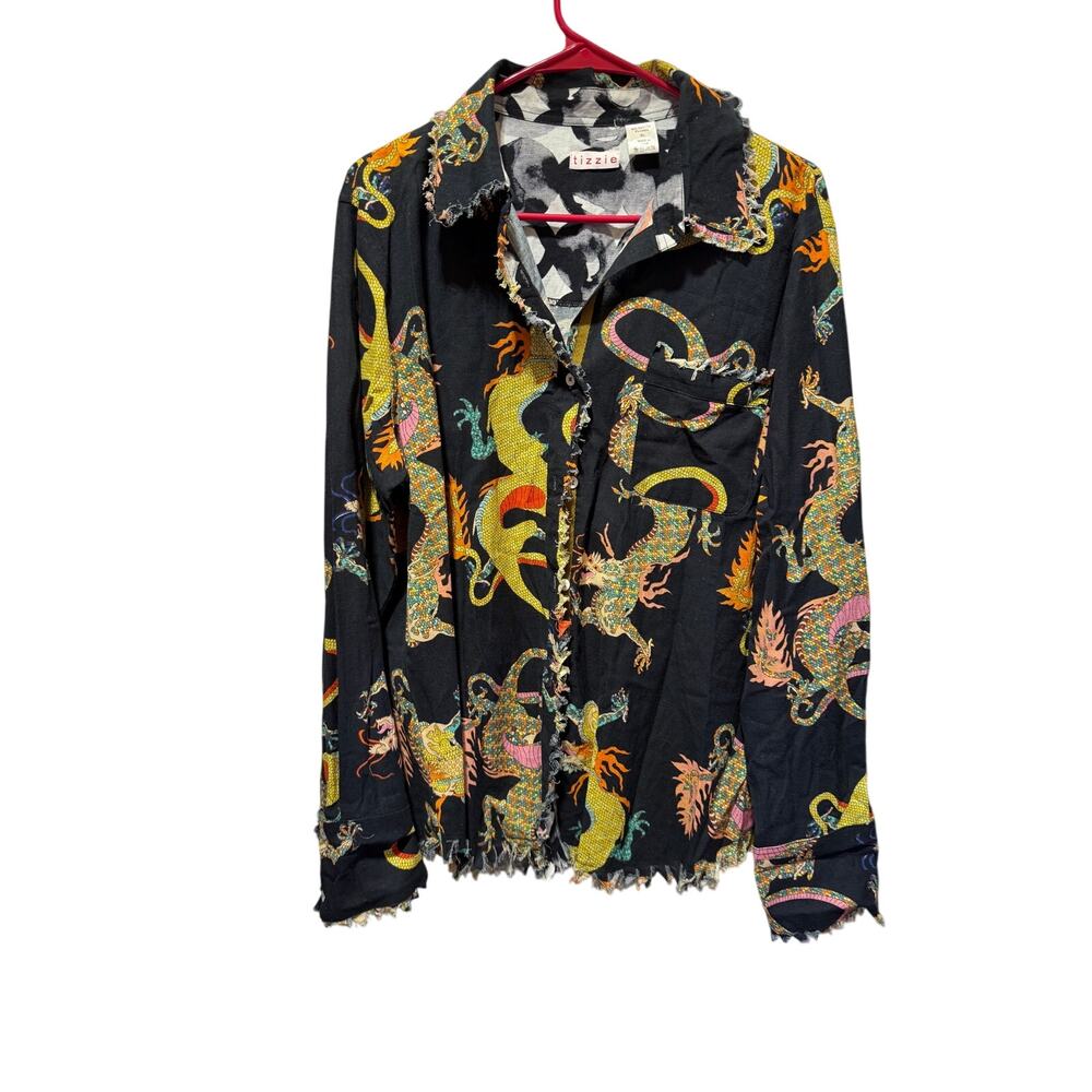 Tizzie Cape Cod Black Dragon Print Long Sleeve Blouse/Top Size L